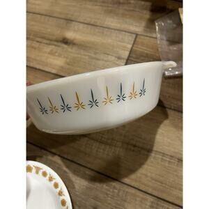 Candle Glow Anchor Hocking Fire King Atomic Starburst Round Casserole Dish White